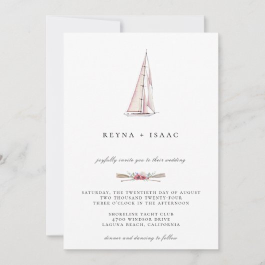 水彩画の帆船を使った nautical な結婚式の招待状 案内状 (正面)