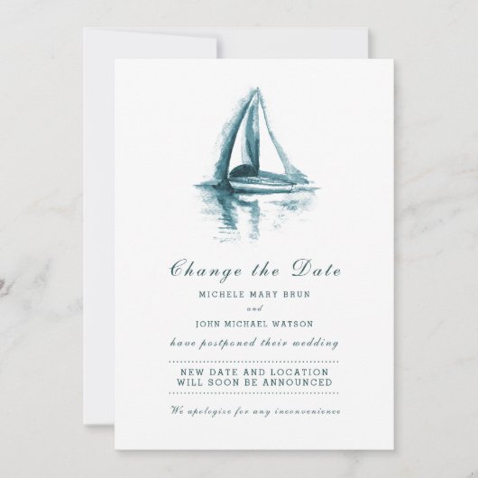 水彩画の帆船 日程変更カード セーブザデート (正面)