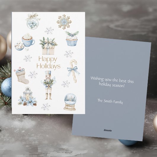 水彩画の幸せなホリデー冬の青いコラージュ シーズンカード