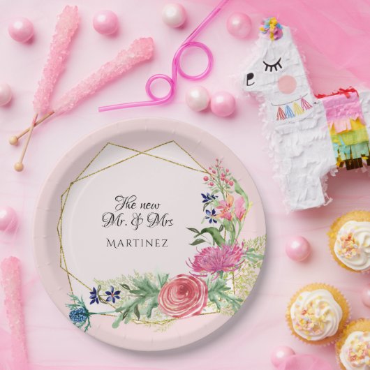 水彩画の幾何学的な赤面のピンクnの濃紺の花柄 ペーパープレート (パーティー)