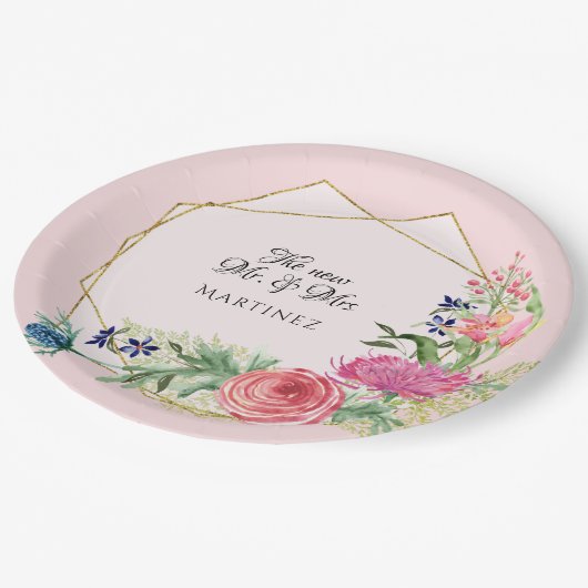 水彩画の幾何学的な赤面のピンクnの濃紺の花柄 ペーパープレート (アングル)