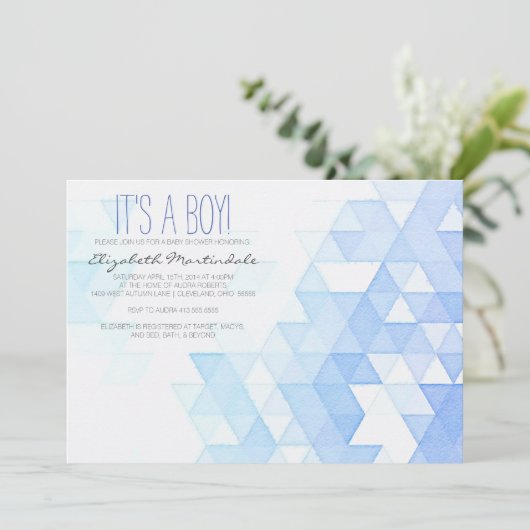 水彩画の幾何学的な青色児のシャワーの招待状 招待状 (スタンド正面)