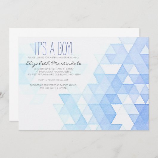 水彩画の幾何学的な青色児のシャワーの招待状 招待状 (正面/裏面)