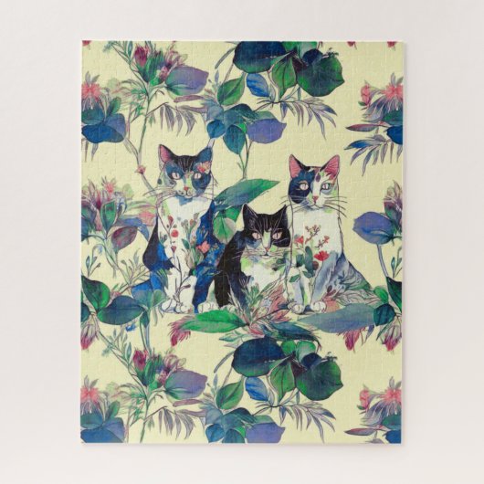 水彩画の庭の猫たち ジグソーパズル (縦)