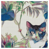 水彩画の庭の猫 ファブリック (クローズアップ)
