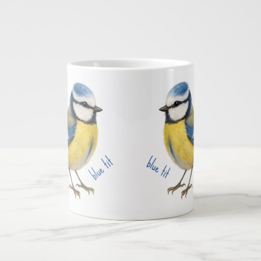 水彩画の庭の鳥アート、ルリチョウのマグカップ ジャンボコーヒーマグカップ (正面)