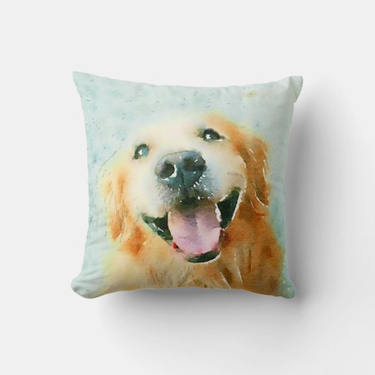 水彩画の微笑のゴールデン・リトリーバー クッション (正面)