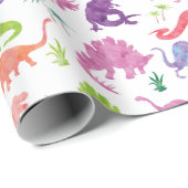 水彩画の恐竜のシルエットの紫色のピンクの子供 ラッピングペーパー (ロールコーナー)