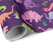 水彩画の恐竜のシルエットの紫色のピンクの子供 ラッピングペーパー (ロールコーナー)