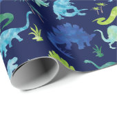 水彩画の恐竜のシルエットの青緑の子供 ラッピングペーパー (ロールコーナー)