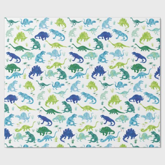 水彩画の恐竜のシルエットの青緑の子供 ラッピングペーパー (フラット)