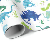 水彩画の恐竜のシルエットの青緑の子供 ラッピングペーパー (ロールコーナー)