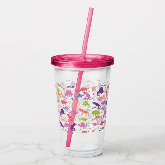 水彩画の恐竜はパーソナライズな女の子のピンクをからかいます アクリルタンブラー (裏面)