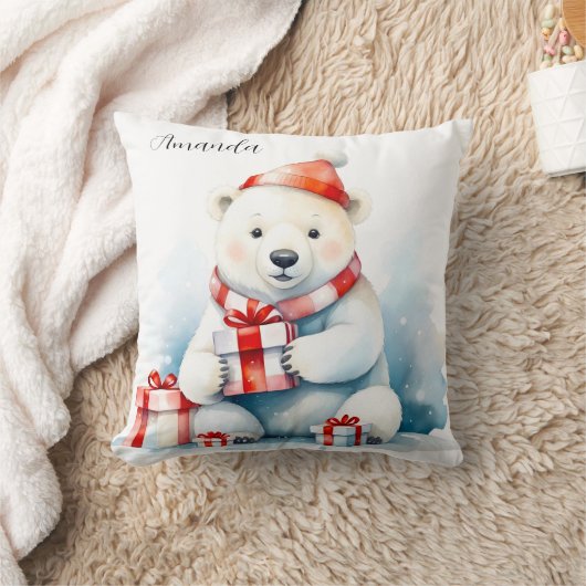 水彩画の愛らしい白い北極熊のクリスマス クッション (ブランケット)