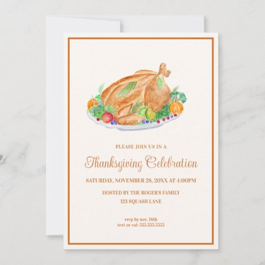 水彩画の感謝祭の七面鳥 招待状 (正面)
