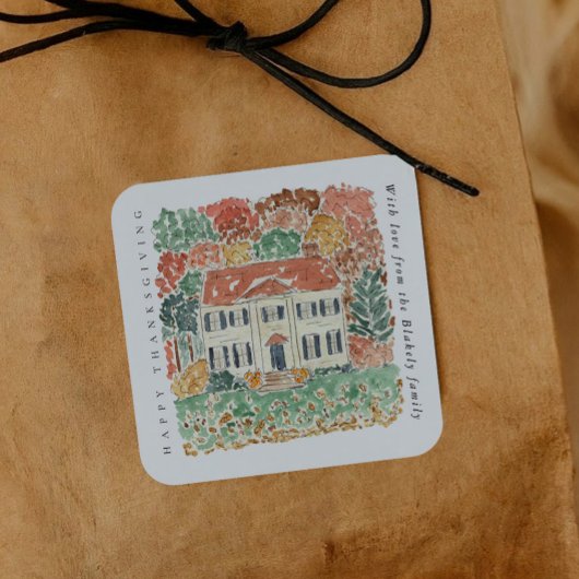 水彩画の感謝祭 秋のジョージア様式の家 スクエアシール