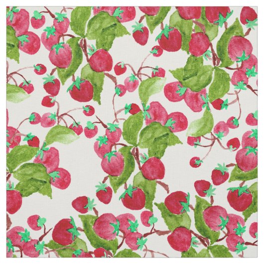 水彩画の手塗りの赤い緑のいちご ファブリック (見本)