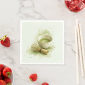 水彩画の抹茶碗と竹の茶筅のセージグリーンのデザイン スタンダードカクテルナプキン (インサイチュ)