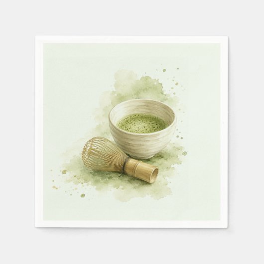 水彩画の抹茶碗と竹の茶筅のセージグリーンのデザイン スタンダードカクテルナプキン (正面)
