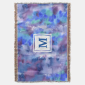 水彩画の抽象的な手塗りの青い紫色のティール(緑がかった色) スローブランケット (正面縦)