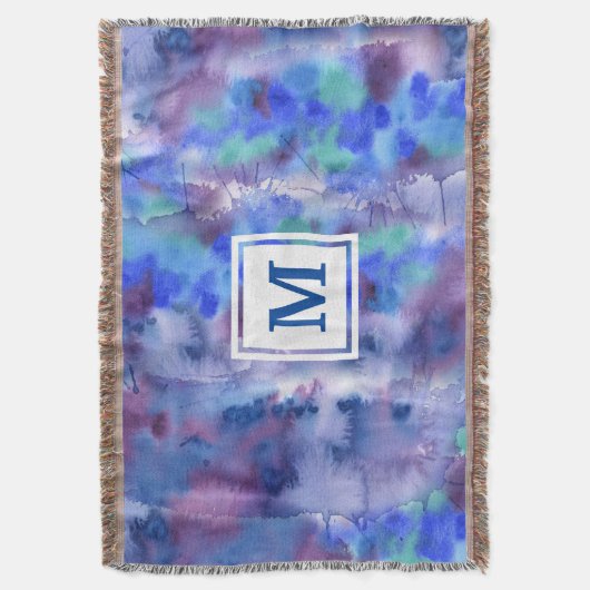 水彩画の抽象的な手塗りの青い紫色のティール（緑がかった色） スローブランケット (正面縦)