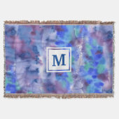 水彩画の抽象的な手塗りの青い紫色のティール（緑がかった色） スローブランケット (正面)