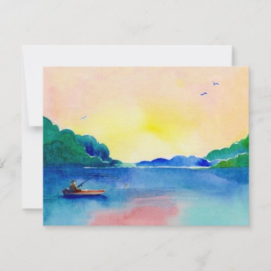 水彩画の招待状の湖の魚釣りの退職 招待状 (正面)