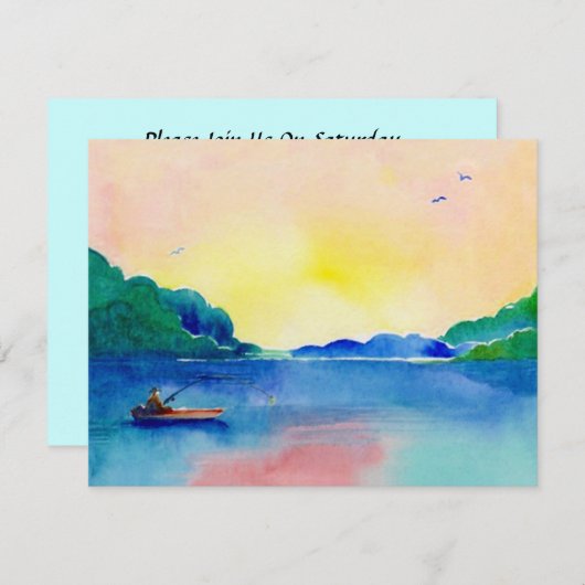 水彩画の招待状の湖の魚釣りの退職 招待状 (正面/裏面)