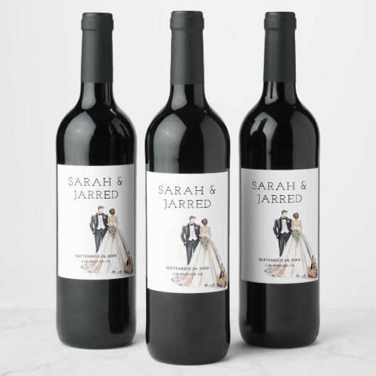 水彩画の新婚夫婦のウェディング ワインラベル (ボトル)