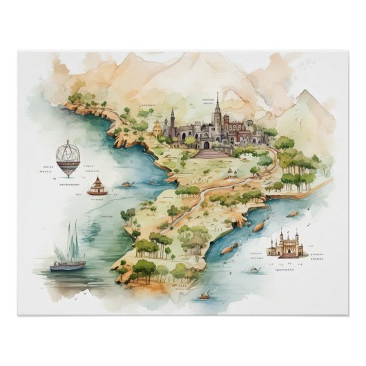 水彩画の旅行地図 ポスター (正面)