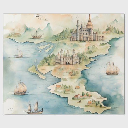 水彩画の旅行地図 ラッピングペーパー (フラット)