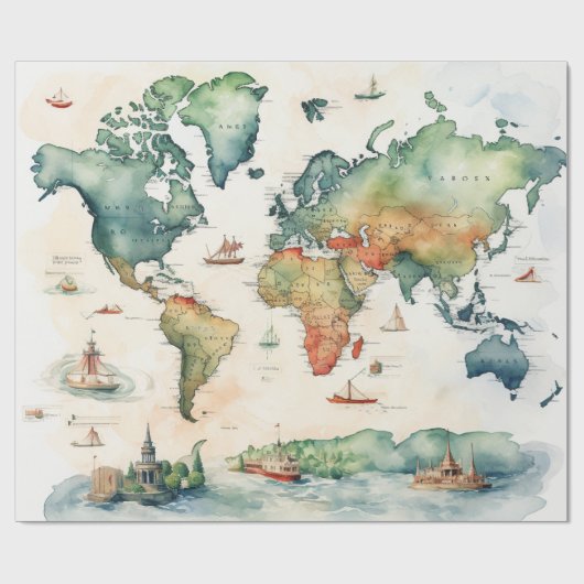 水彩画の旅行地図 ラッピングペーパー (フラット)