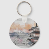 水彩画の日本のお寺と富士山の旅 キーホルダー (正面)