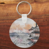 水彩画の日本のお寺と富士山の旅 キーホルダー (正面)