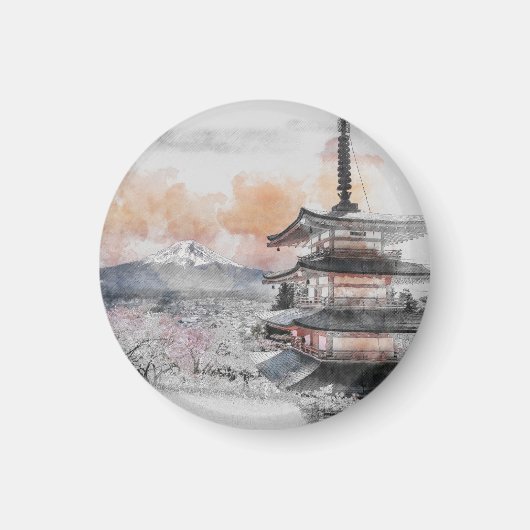 水彩画の日本のお寺と富士山の旅 マグネット (正面)