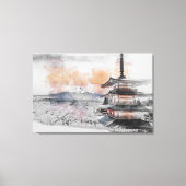 水彩画の日本のお寺と富士山 キャンバスプリント (正面)