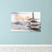 水彩画の日本のお寺と富士山 キャンバスプリント (インサイチュ (ウッドフロア))