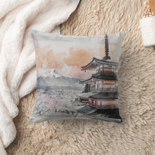 水彩画の日本のお寺と富士山 クッション (ブランケット)