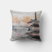 水彩画の日本のお寺と富士山 クッション (正面)