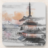 水彩画の日本のお寺と富士山 コースター (正面)