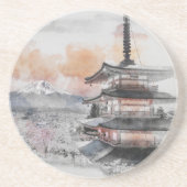 水彩画の日本のお寺と富士山 コースター (正面)