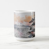 水彩画の日本のお寺と富士山  コーヒーマグカップ (中央)