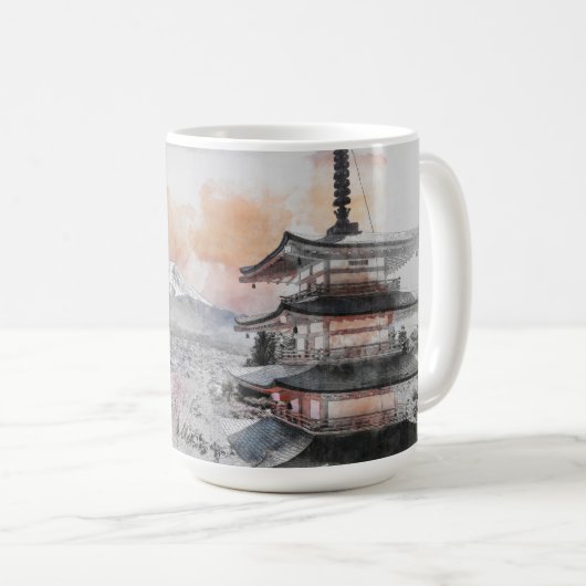 水彩画の日本のお寺と富士山  コーヒーマグカップ (正面右)