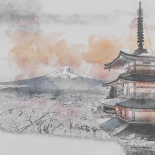 水彩画の日本のお寺と富士山 シール (正面)