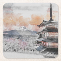 水彩画の日本のお寺と富士山 