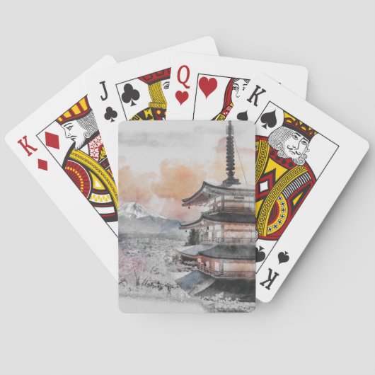 水彩画の日本のお寺と富士山 トランプ (裏面)