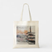 水彩画の日本のお寺と富士山 トートバッグ (裏面)