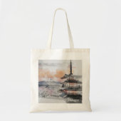 水彩画の日本のお寺と富士山 トートバッグ (正面)