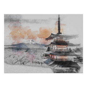 水彩画の日本のお寺と富士山  ポスター