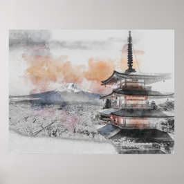 水彩画の日本のお寺と富士山 ポスター